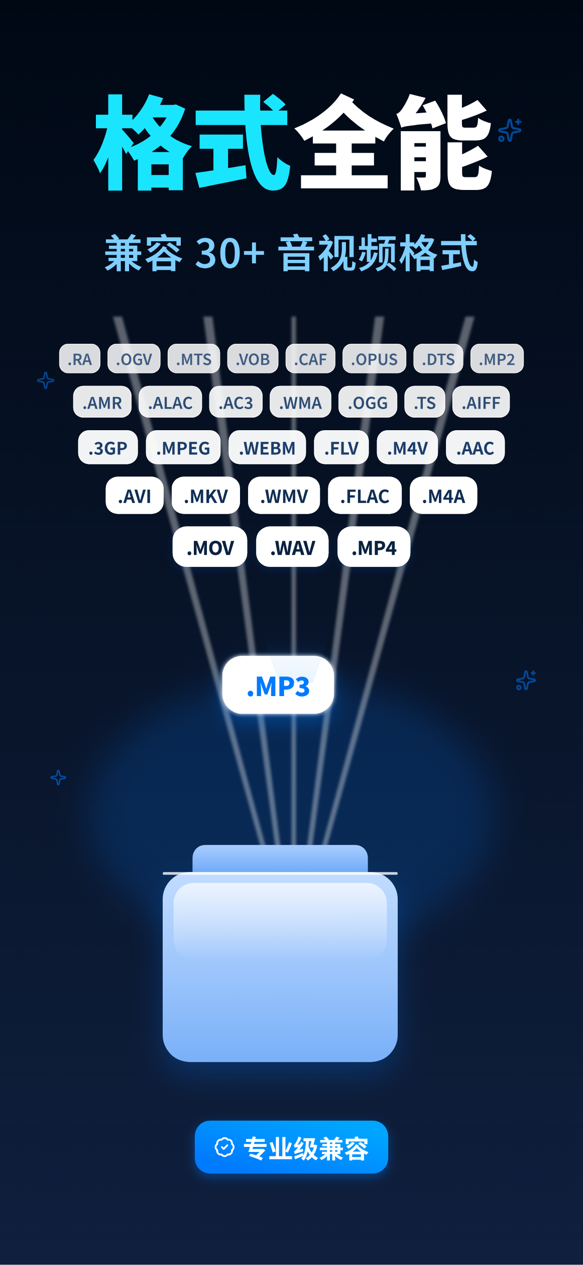 格式全能 — 兼容 30+ 音视频格式